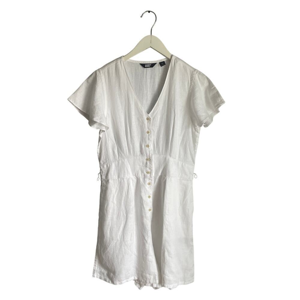 Lands' End White 100% Linen Romper size 10 Preppy Sustainable